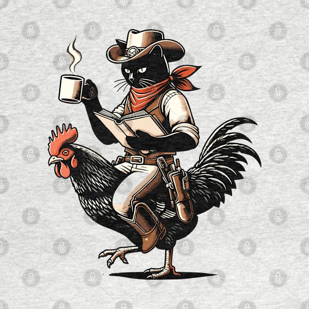 Cat Reading a Book And Drinking Coffee Riding Chicken by VisionDesigner